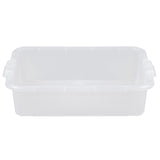 A clear, rectangular plastic food storage box with slightly rounded corners and built-in handles on both shorter sides. This freezer safe bin is empty and sits on a plain white background.