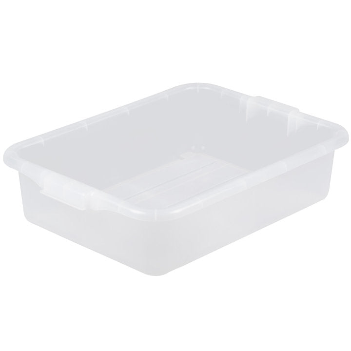 A clear, rectangular plastic food storage box with slightly raised edges and no lid. The bin has two built-in handles on the shorter sides, is dishwasher safe, and features a smooth, flat bottom for general household or office storage purposes.