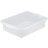 A clear, rectangular plastic food storage box with slightly raised edges and no lid. The bin has two built-in handles on the shorter sides, is dishwasher safe, and features a smooth, flat bottom for general household or office storage purposes.