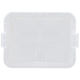 A rectangular, clear plastic food storage box lid is shown from above. The lid has a slightly raised edge, two side handles, and a lightly textured, frosted surface with visible molded lines for reinforcement. It is both dishwasher safe and freezer safe.