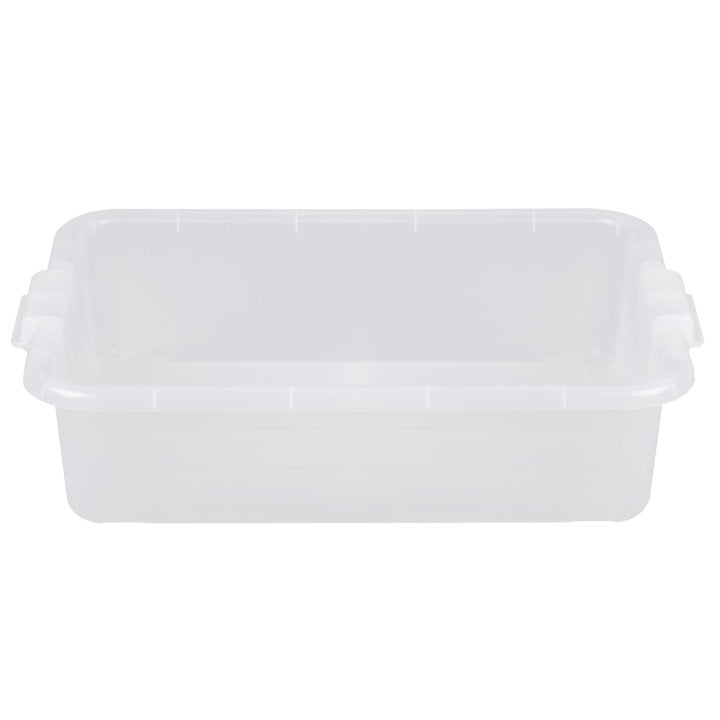 A clear, rectangular food storage box with slightly rounded corners and two sturdy handles on opposite sides. The translucent NSF-certified plastic bin is freezer safe, allowing light to pass through and revealing its smooth surfaces.