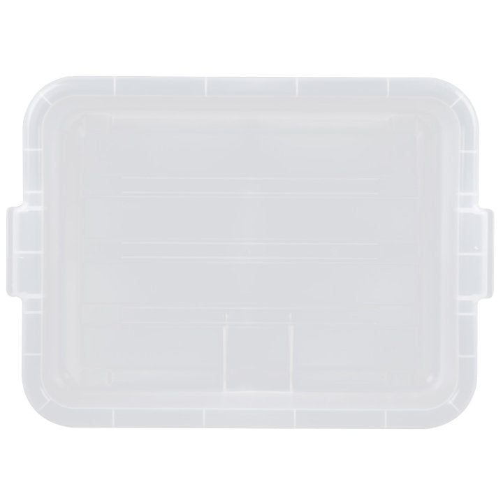 A translucent plastic storage container lid, rectangular in shape, viewed from above. Designed for a food storage box, it has slightly raised edges, two side handles for lifting, and is freezer safe with a subtle frosted appearance.