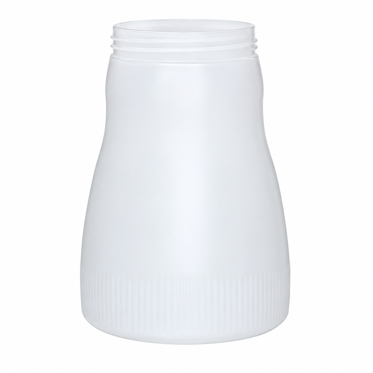 A plain, white, plastic bottle resembling a 64 oz polyethylene jar with a wide, ribbed base and narrow, threaded neck. The container, similar to the Vollrath 4864J Dripcut Syrup Server, is smooth-surfaced, empty, and set against a white background.