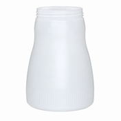 A plain, white, plastic bottle resembling a 64 oz polyethylene jar with a wide, ribbed base and narrow, threaded neck. The container, similar to the Vollrath 4864J Dripcut Syrup Server, is smooth-surfaced, empty, and set against a white background.
