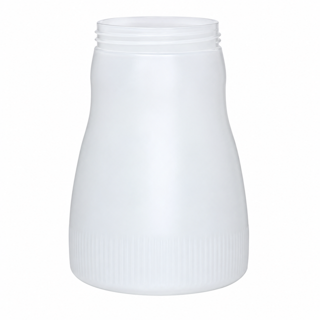 A plain, white, plastic bottle resembling a 64 oz polyethylene jar with a wide, ribbed base and narrow, threaded neck. The container, similar to the Vollrath 4864J Dripcut Syrup Server, is smooth-surfaced, empty, and set against a white background.