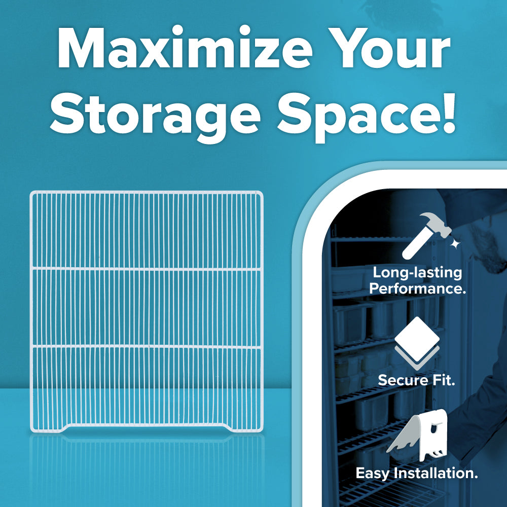 A graphic with text Maximize Your Storage Space! above an outline of a shelving unit. On the right, icons with labels read: Long-lasting Performance, Secure Fit, and Easy Installation—with Atosa USA shelf clips on display alongside shelving in use.