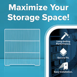 A graphic with text Maximize Your Storage Space! above an outline of a shelving unit. On the right, icons with labels read: Long-lasting Performance, Secure Fit, and Easy Installation—with Atosa USA shelf clips on display alongside shelving in use.