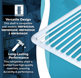 A close-up of a white wire refrigerator shelf is shown in the foreground. On the left, text highlights its compatibility with Atosa USA models and mentions sturdy shelf clips for secure installation. Blue overlay and icons decorate the design.