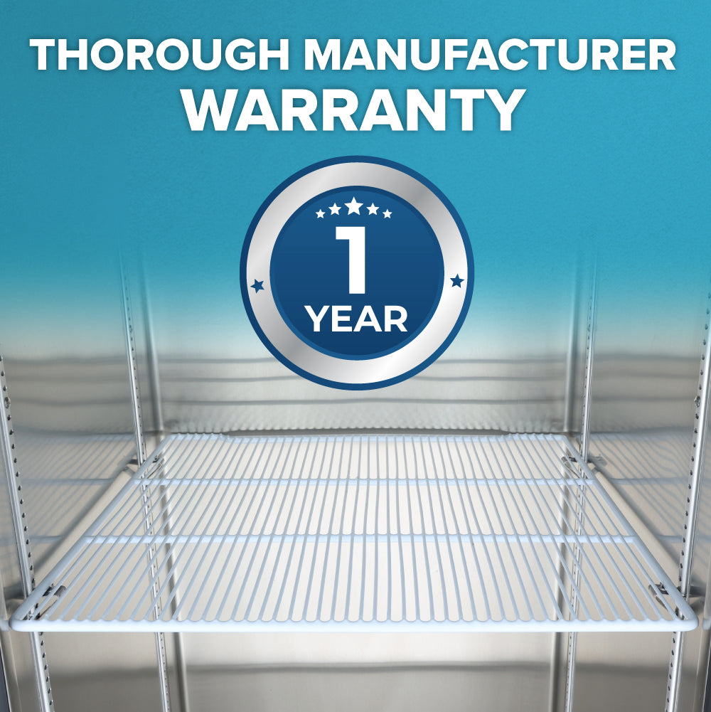 A metal wire shelf with shelf clips inside an Atosa USA stainless steel cabinet. Above the additional shelf is bold text reading Thorough Manufacturer Warranty and a circular badge with stars and 1 Year in white, indicating warranty.