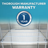 A metal wire shelf with shelf clips inside an Atosa USA stainless steel cabinet. Above the additional shelf is bold text reading Thorough Manufacturer Warranty and a circular badge with stars and 1 Year in white, indicating warranty.