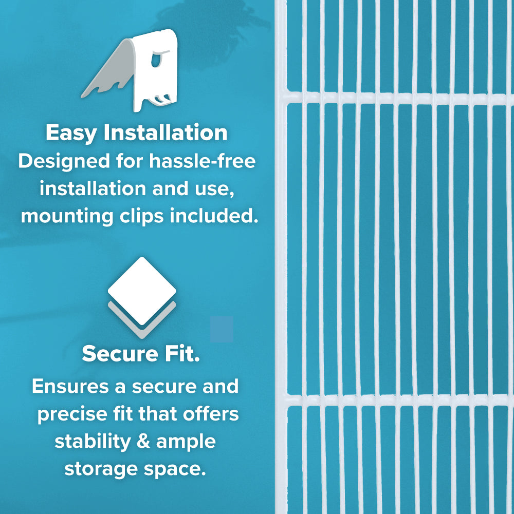 The image features a blue background with white text and icons describing product features. On the left, text reads Easy Installation with a shelf clips icon, and Secure Fit with a diamond-shaped icon. On the right is a close-up of an additional shelf’s white vertical bars.