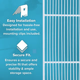 The image features a blue background with white text and icons describing product features. On the left, text reads Easy Installation with a shelf clips icon, and Secure Fit with a diamond-shaped icon. On the right is a close-up of an additional shelf’s white vertical bars.