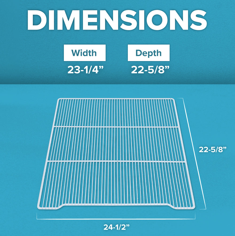 A wire rack with labeled dimensions is shown on a blue background. Great as an additional shelf for Atosa USA units, it measures 23-1/4 wide and 22-5/8 deep, with overall exterior dimensions of 24-1/2 by 22-5/8. Shelf clips included.
