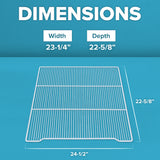 A wire rack with labeled dimensions is shown on a blue background. Great as an additional shelf for Atosa USA units, it measures 23-1/4 wide and 22-5/8 deep, with overall exterior dimensions of 24-1/2 by 22-5/8. Shelf clips included.