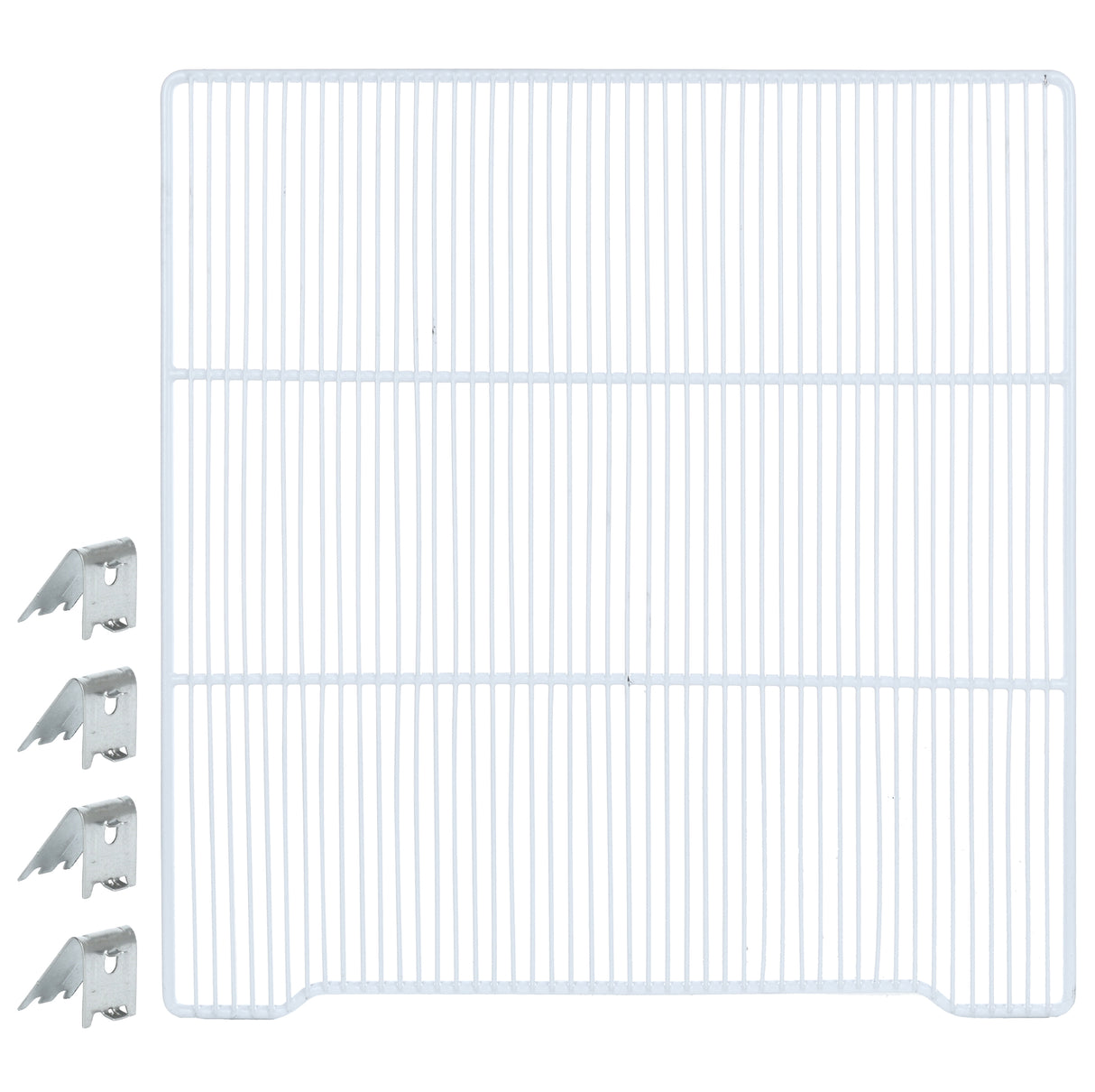 A white wire shelf by Atosa USA features closely spaced horizontal and vertical bars, with four metal shelf clips for easy installation, placed to the left side on a plain white background—ideal as an additional shelf.