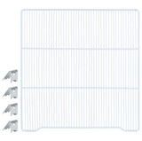 A white wire shelf by Atosa USA features closely spaced horizontal and vertical bars, with four metal shelf clips for easy installation, placed to the left side on a plain white background—ideal as an additional shelf.