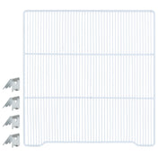 A white wire shelf by Atosa USA features closely spaced horizontal and vertical bars, with four metal shelf clips for easy installation, placed to the left side on a plain white background—ideal as an additional shelf.