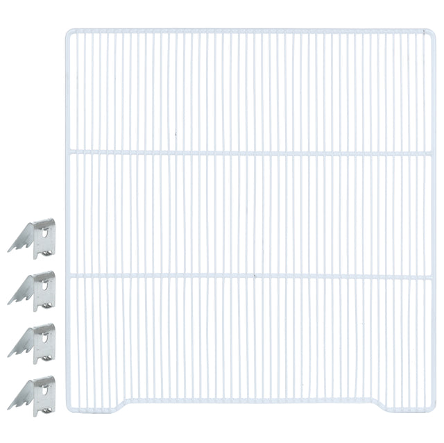 A white wire shelf by Atosa USA features closely spaced horizontal and vertical bars, with four metal shelf clips for easy installation, placed to the left side on a plain white background—ideal as an additional shelf.