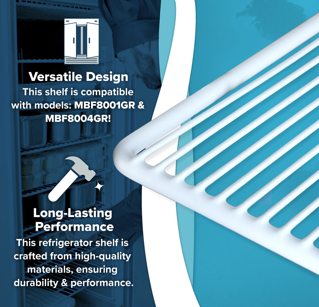 A close-up of a white MBF8001GR refrigerator shelf from Atosa USA is shown on the right, featuring vertical slats. On the left, text highlights “Versatile Design” and support for an additional shelf, signifying compatibility and durability. Blue background.
