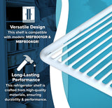 A close-up of a white MBF8001GR refrigerator shelf from Atosa USA is shown on the right, featuring vertical slats. On the left, text highlights “Versatile Design” and support for an additional shelf, signifying compatibility and durability. Blue background.