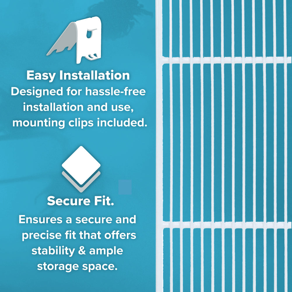 Blue graphic with text: Easy Installation – Designed for hassle-free installation and use, mounting clips included. Secure Fit – Ensures stability & ample storage space. Compatible with Atosa USA MBF8001GR Additional Shelf. Right side shows vertical shelving bars.