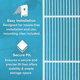 Blue graphic with text: Easy Installation – Designed for hassle-free installation and use, mounting clips included. Secure Fit – Ensures stability & ample storage space. Compatible with Atosa USA MBF8001GR Additional Shelf. Right side shows vertical shelving bars.