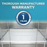 A metal wire Additional Shelf is positioned inside a shelving unit, compatible with Atosa USA MBF8001GR. Above, bold text reads THOROUGH MANUFACTURER WARRANTY. Below, a blue badge displays 1 YEAR with star icons on a gradient background.