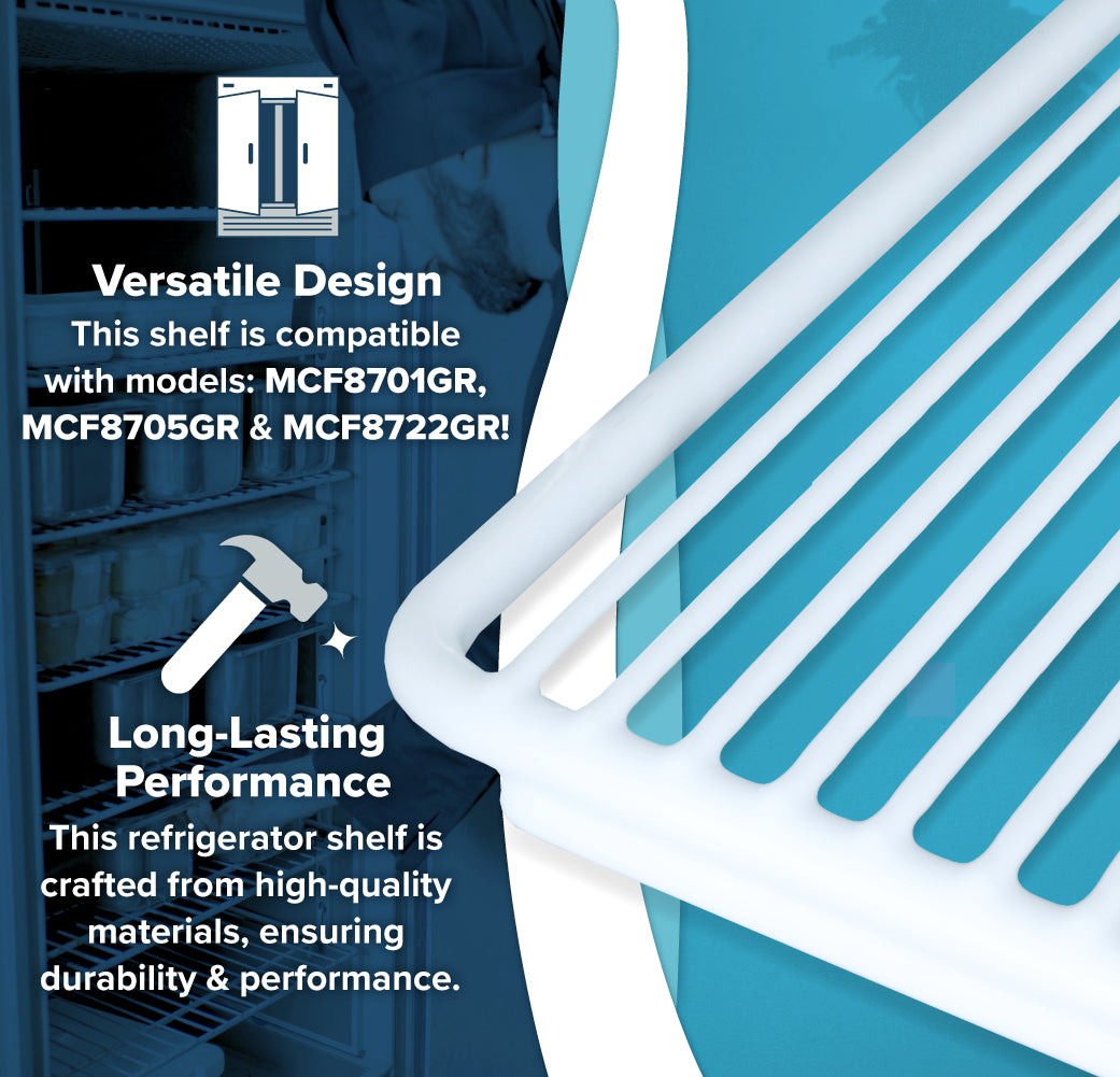 A white wire refrigerator shelf is shown close up on the right. The left side has blue overlays with white icons and text, describing this Atosa USA Additional Shelf as versatile, durable, and compatible with models MCF8701GR, MCF8705GR, and MCF8722GR. Shelf clips included.