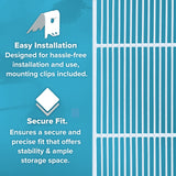 A blue background image with a white shelf grid on the right. On the left, text reads “Easy Installation” above a winged clip icon, and “Secure Fit” above a square icon, highlighting Atosa USA shelf clips for hassle-free mounting and stable Additional Shelf storage.
