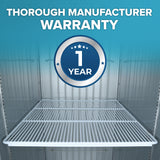 A white wire Additional Shelf is installed inside a cabinet with secure shelf clips. Above the shelf, text reads THOROUGH MANUFACTURER WARRANTY and a circular badge in the center says 1 YEAR with stars, set against a blue gradient background.