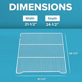 A white wire shelf from Atosa USA is shown against a blue background. Text above the shelf reads DIMENSIONS, with arrows marking its 21-1/2 inch width and 24-1/2 inch depth. Shelf clips are visible for easy installation of an Additional Shelf.