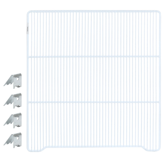 A white wire shelf with evenly spaced bars is shown next to four Atosa USA shelf clips, arranged in a column on the left. The Additional Shelf features slightly bent edges at the bottom corners. The background is plain white.
