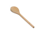 A plain beechwood wooden spoon with a rounded, shallow bowl and a long, smooth handle lies on a white background. The handle shows a slight indentation near the end, and the wood grain is visible throughout. Non-stick safe for versatile use.