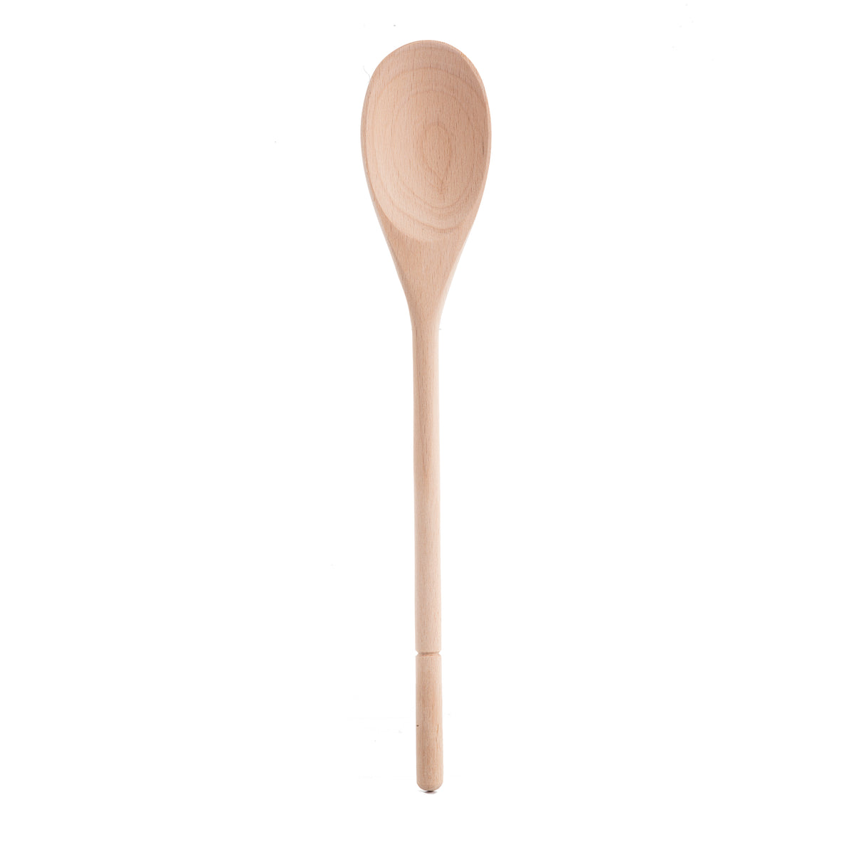 A plain beechwood wooden spoon with a rounded bowl and long handle, shown upright against a white background. The natural wood grain is visible, and its simple, smooth design is non-stick safe—perfect for everyday kitchen use.