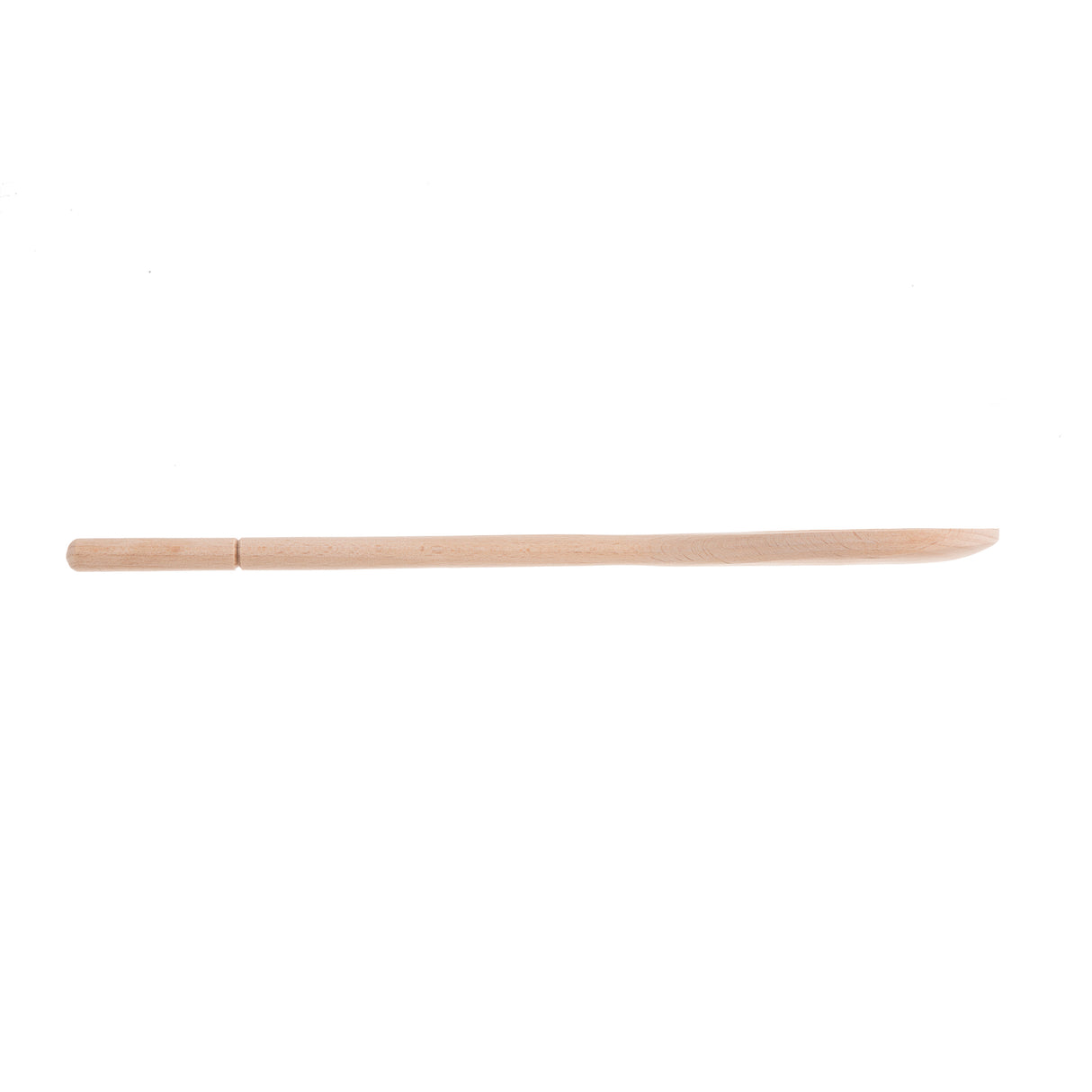 A long, slender beechwood stick is centered on a white background. One end is smoothly rounded, while the other is straight and flat, giving the stick a simple, minimalist appearance that’s non-stick safe.