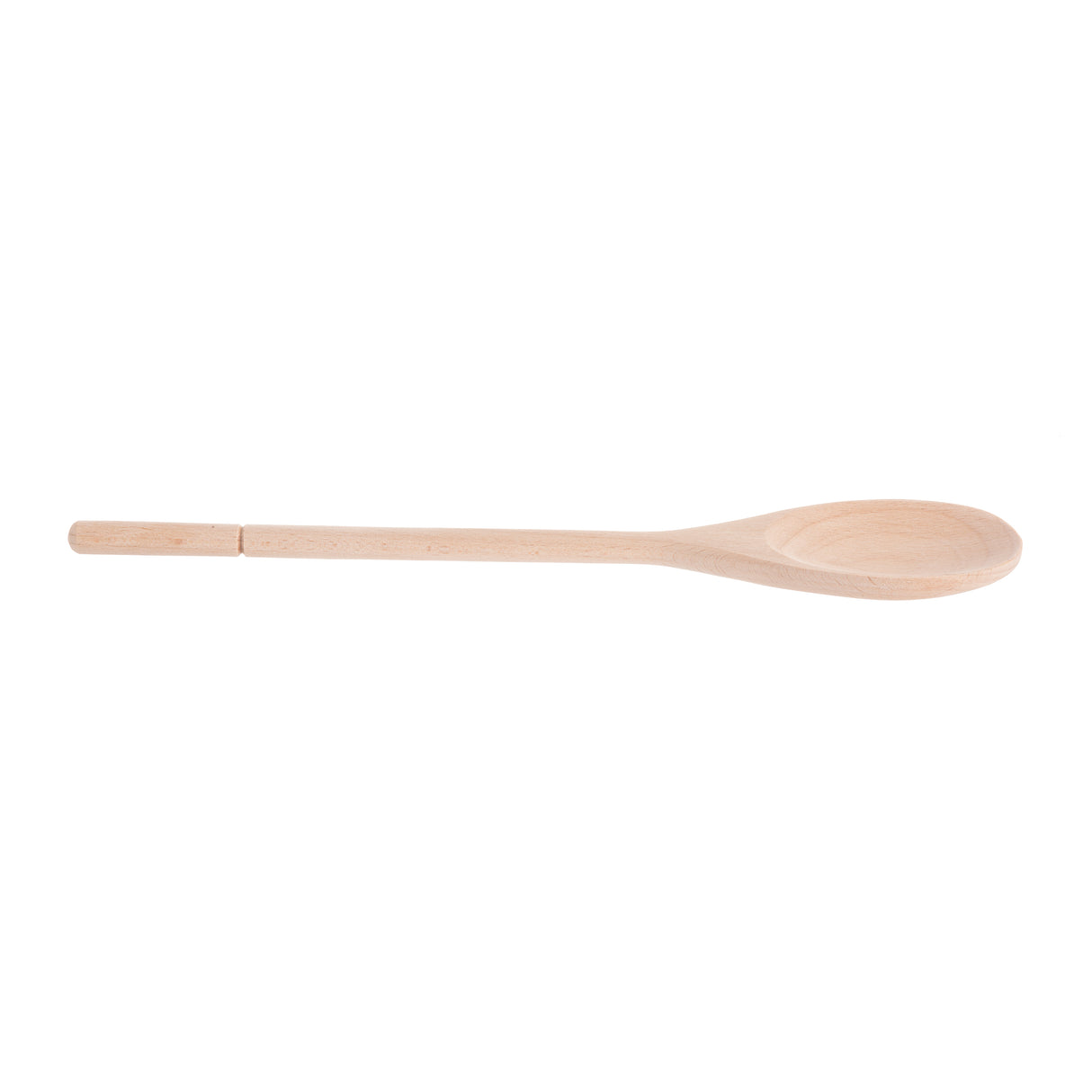 A plain beechwood wooden spoon with a long, straight handle and a rounded, shallow bowl. The non-stick safe spoon is unpainted, light in color, and photographed against a white background in a horizontal position with the handle to the left.