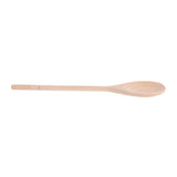 A plain beechwood wooden spoon with a long, straight handle and a rounded, shallow bowl. The non-stick safe spoon is unpainted, light in color, and photographed against a white background in a horizontal position with the handle to the left.