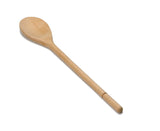 A plain beechwood spoon with a smooth, rounded head and a long, slim handle lies on a white background. The non-stick safe spoon is oriented diagonally from top left to bottom right, with a faint seam near the end of its handle.