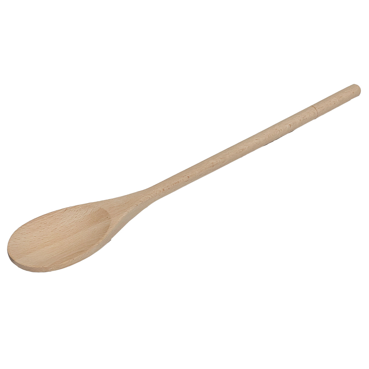 A plain beechwood wooden spoon with a long, straight handle and a rounded, shallow bowl set against a white background. The smooth, unfinished wood is non-stick safe, perfect for stirring or serving food.