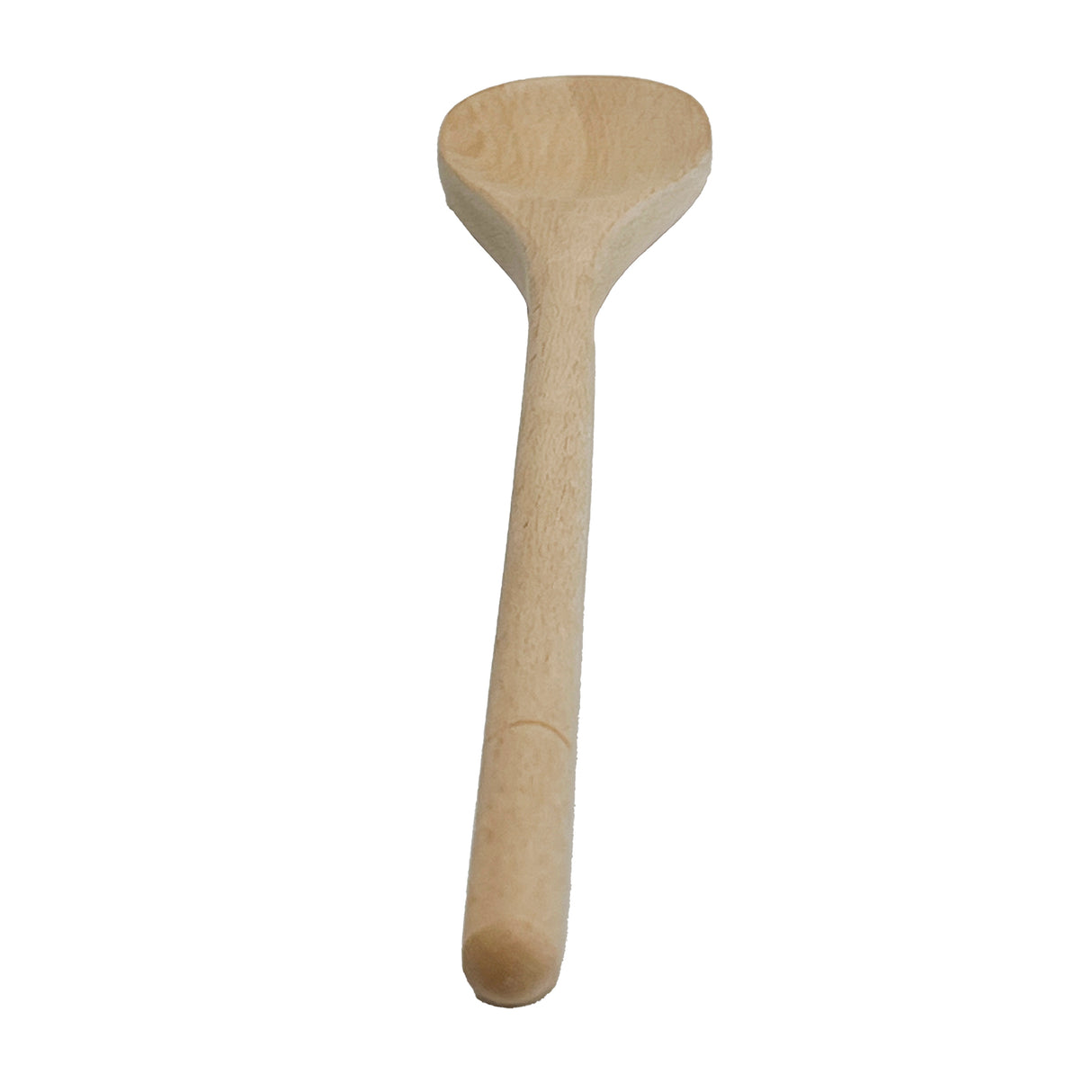 A plain beechwood wooden spoon with a rounded handle and broad, oval-shaped bowl stands upright on a white background, showcasing its smooth, light surface and simple, non-stick safe design.