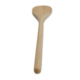 A plain beechwood wooden spoon with a rounded handle and broad, oval-shaped bowl stands upright on a white background, showcasing its smooth, light surface and simple, non-stick safe design.