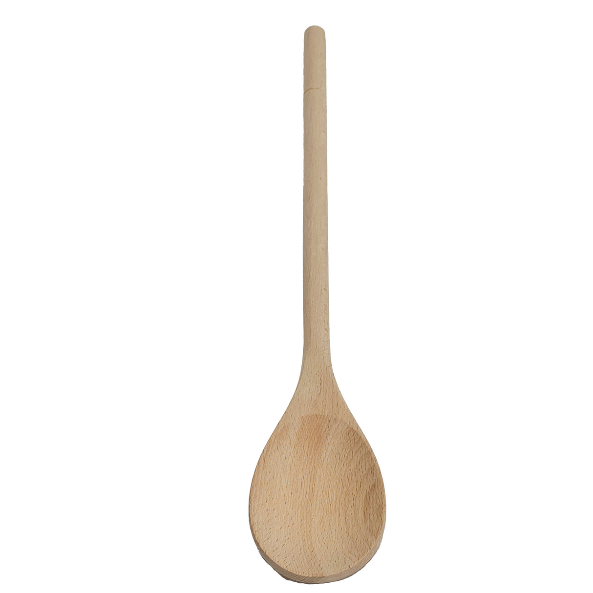 A plain beechwood wooden spoon with a long, smooth handle and a rounded, oval-shaped bowl is shown against a white background. The visible wood grain highlights its non-stick safe, new, and clean appearance.