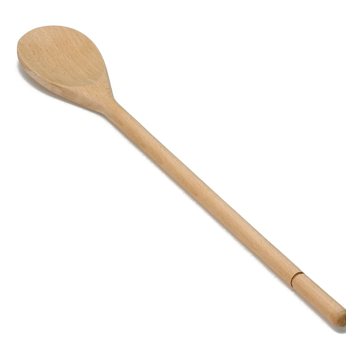 A plain beechwood wooden spoon with a round, shallow bowl and a long, slender handle is pictured on a white background. This non-stick safe utensil is simple and unadorned, perfect for stirring or mixing food while cooking.