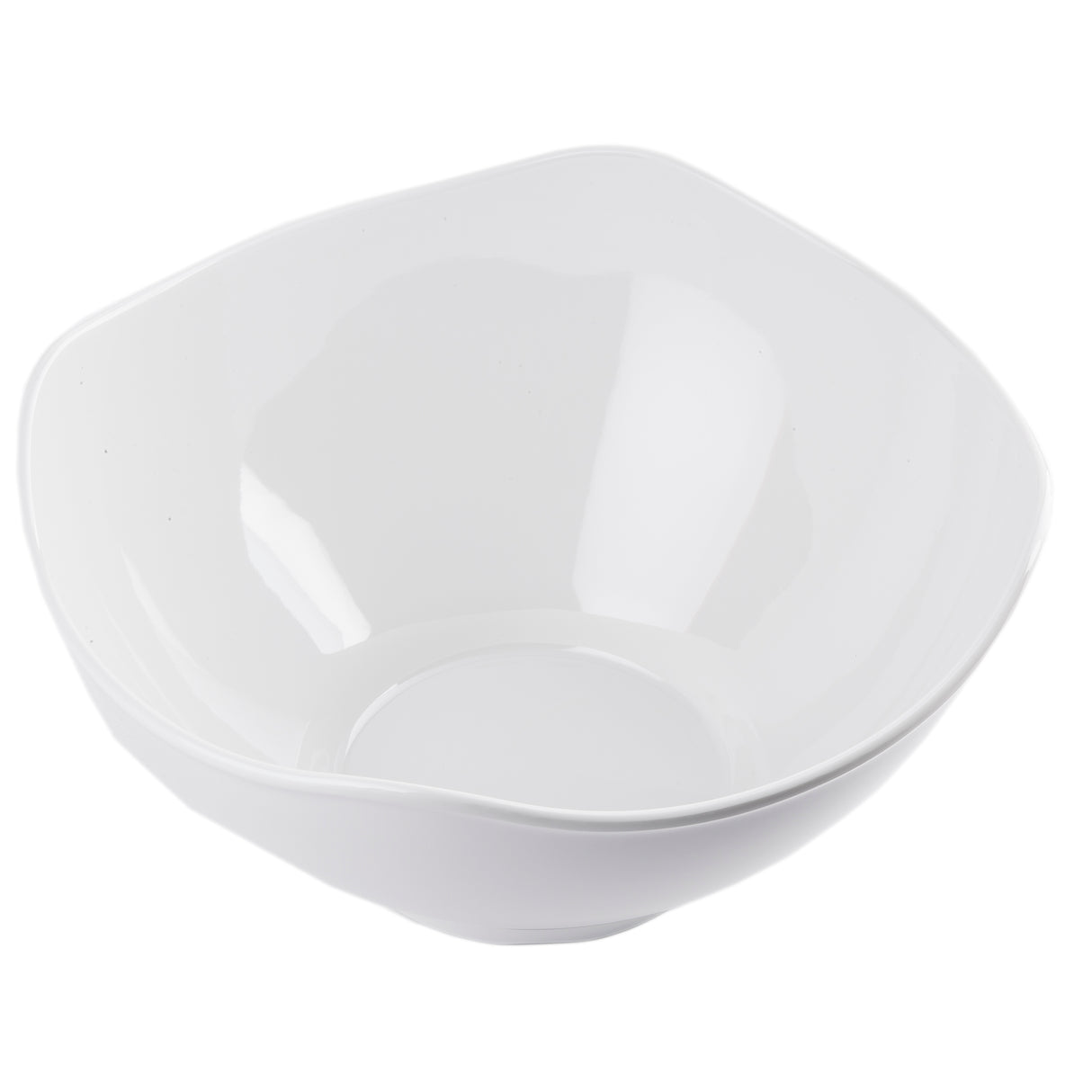A plain, white Frostone Collection Wavy Bowl with gently curved, slightly wavy edges is shown on a white background. This dishwasher safe melamine bowl features clean, glossy surfaces and subtle reflections highlighting its simple design.