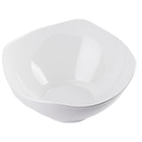A plain, white Frostone Collection Wavy Bowl with gently curved, slightly wavy edges is shown on a white background. This dishwasher safe melamine bowl features clean, glossy surfaces and subtle reflections highlighting its simple design.