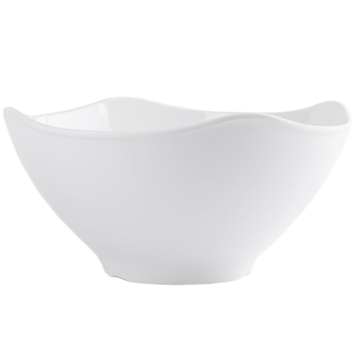 A plain white Frostone Collection Wavy Bowl with gently flared, curved edges and a smooth surface, photographed on a white background. The melamine bowl is empty and features a modern, elegant shape that is also dishwasher safe.