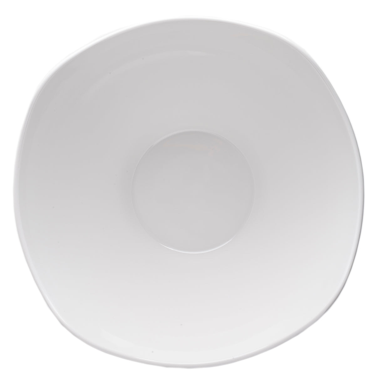 A plain, empty, white Frostone Collection Wavy Bowl with a slightly irregular, rounded-square shape is viewed from above against a white background. This glossy melamine bowl features smooth, clean lines and is dishwasher safe.