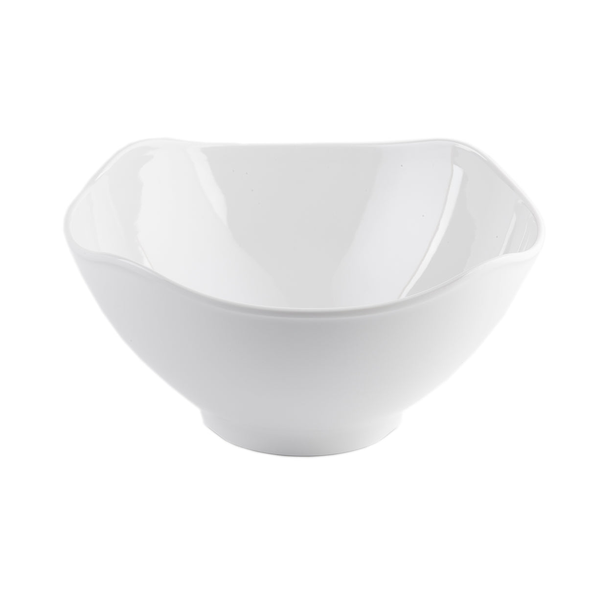 A plain white ceramic wavy bowl with a glossy finish, gently curved sides, and a rounded square rim, standing empty against a white background.