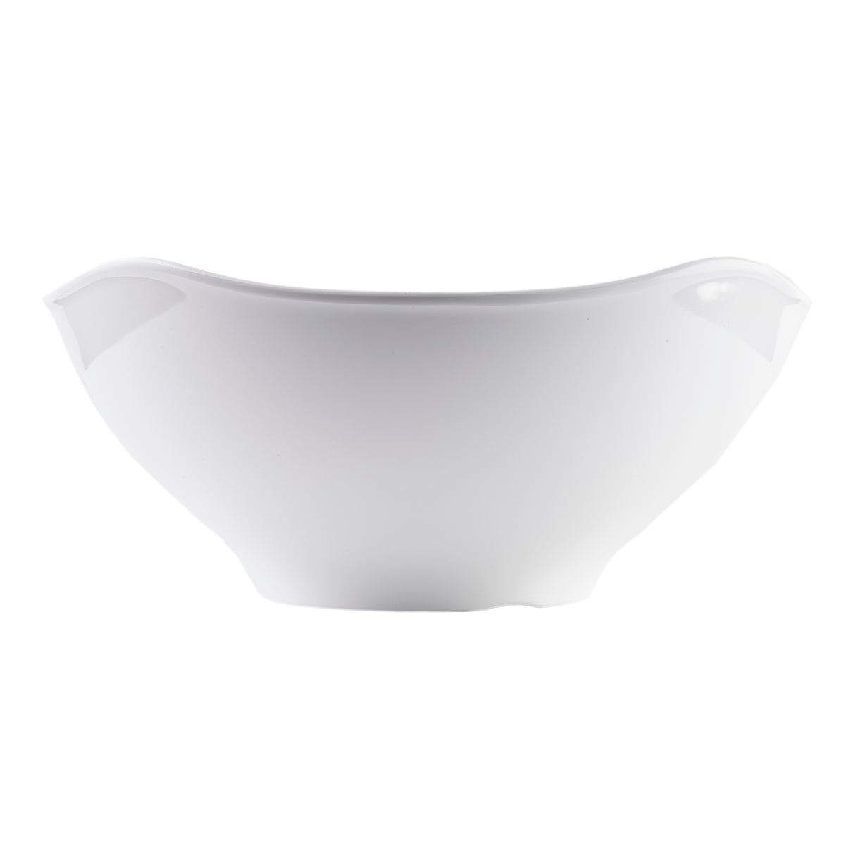 A plain, white ceramic bowl with a wide, slightly flared rim and curved sides, photographed against a white background. This dishwasher safe bowl appears simple and unadorned, suitable for serving soup, salad, or other foods.