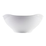 A plain, white ceramic bowl with a wide, slightly flared rim and curved sides, photographed against a white background. This dishwasher safe bowl appears simple and unadorned, suitable for serving soup, salad, or other foods.